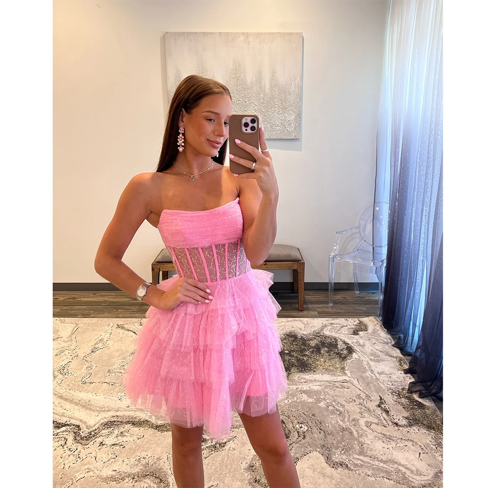 

MVOZEIN Pink Layers Homecoming Dresses Tulle Sequin Short Party Dress Strapless Transparent Cocktail Dress for Graduation