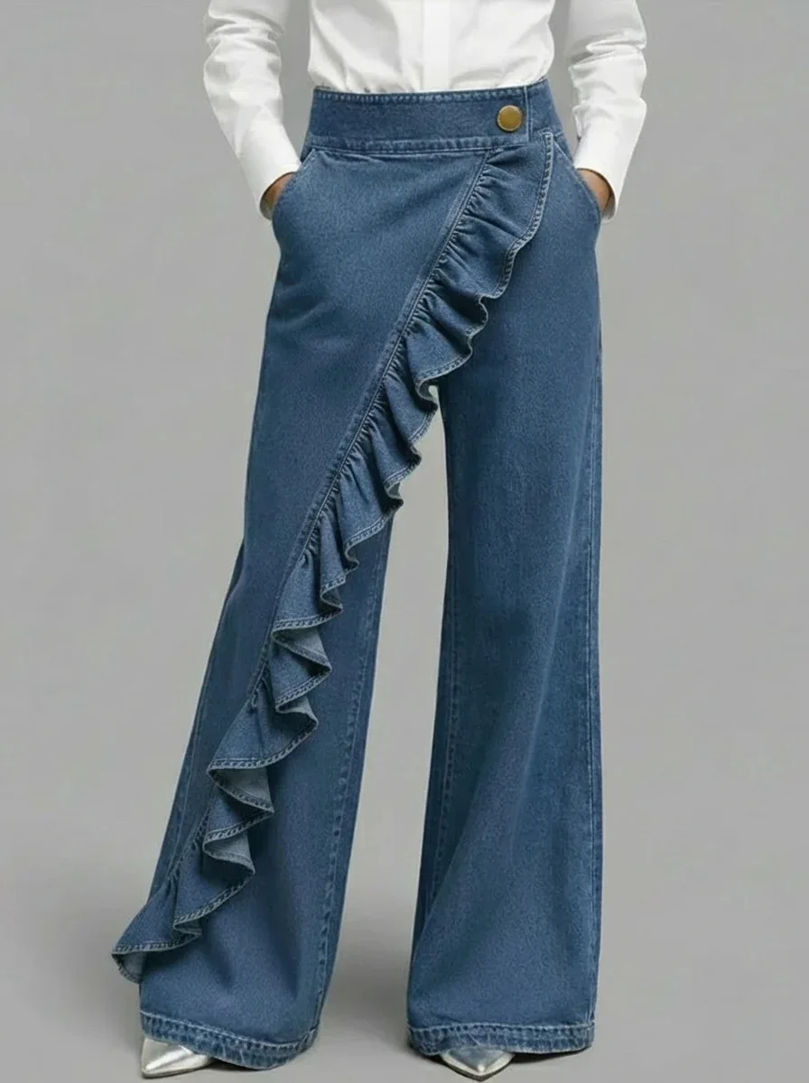 Women Fashion Wash Denim Jeans High Waist Button Closure Asymmetrical Diagonal Ruffle Trim Loose Wide Leg Trousers Side Pockets