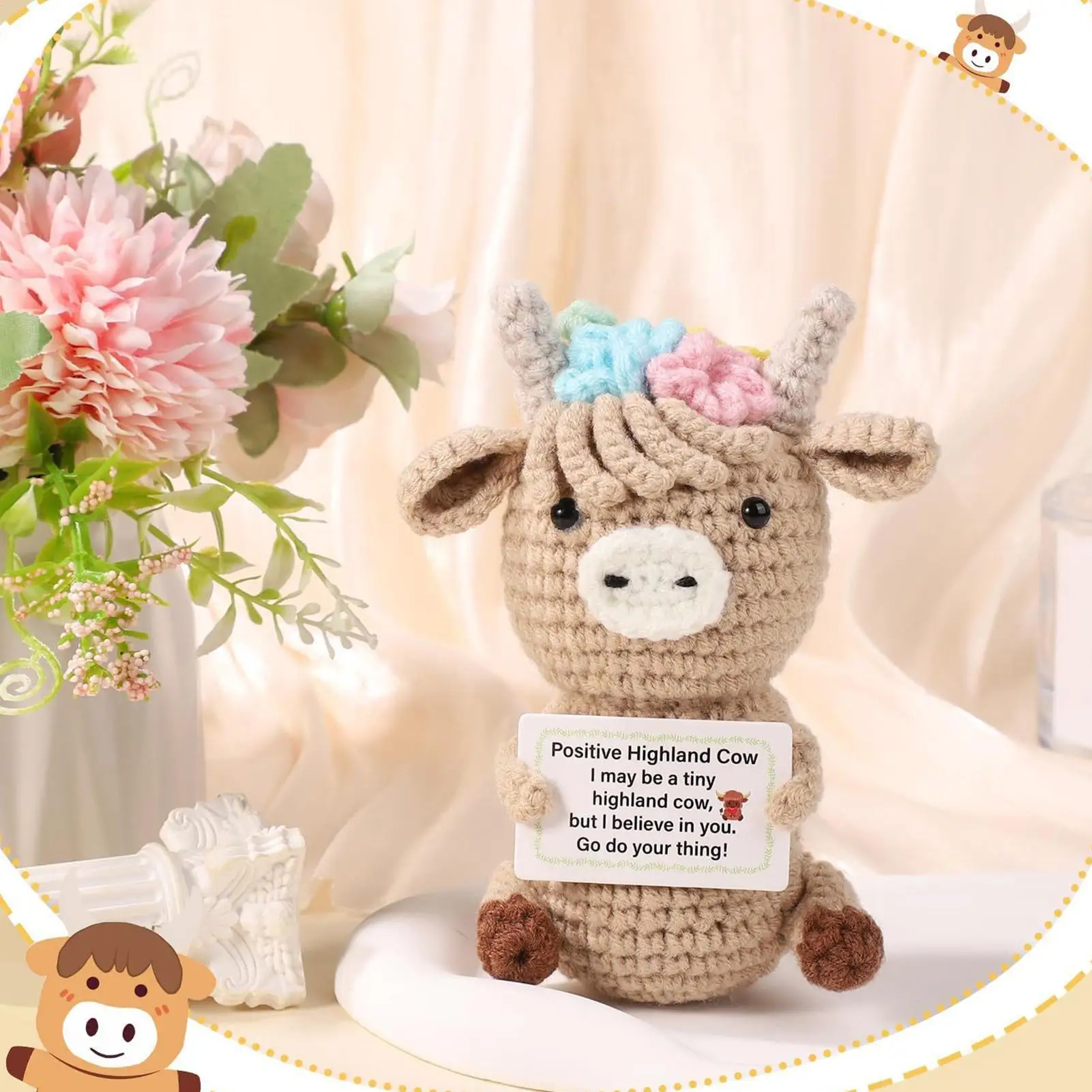 دمية كروشيه هايلاند بقرة لطيفة عاطفية دمية كروشيه صغيرة إيجابية تماثيل زخرفية #6