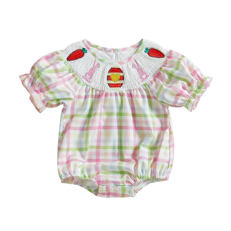 Baby Easter Romper Spring Puff Sleeve Round Neck Plaid Print Smocked Bodysuit Newborn Playsuit