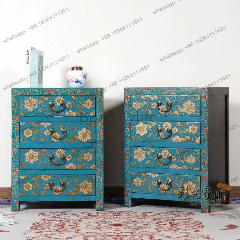 LD Chinese retro solid wood chest cabinet three-dimensional pattern painting bedroom storage locker