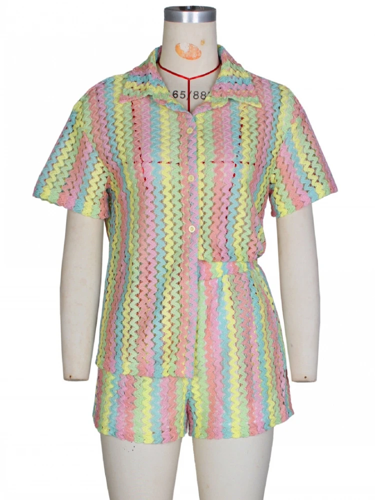 Women'S Summer Knited 2 Two Pieces Sets Suit Hollow Out Short Sleeve Single Breasted Tops And Shorts Pants Beach Holiday