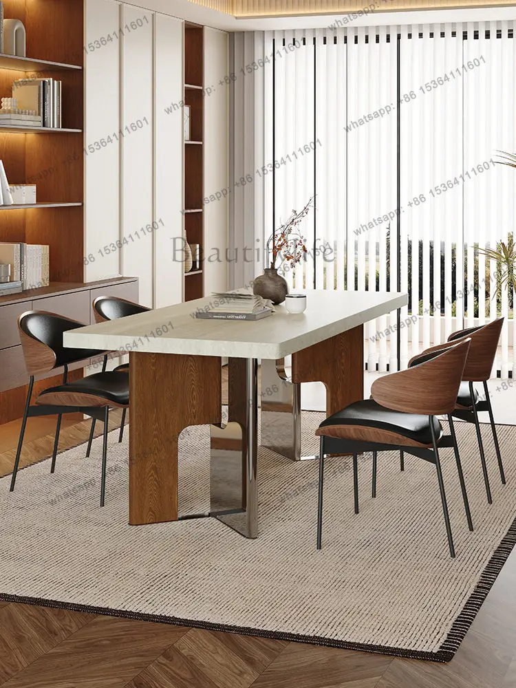 LJY Travertine rock slab dining table Solid wood household medium and ancient rectangular hanging dining table