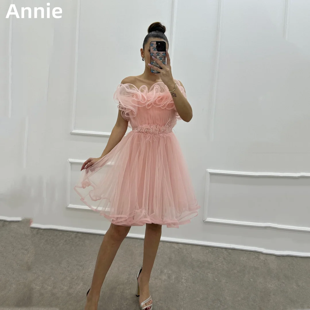 

Annie Sweetheart Pink Prom Dresses Feather Tulle Curled Edge Evening Dresses Princess Coming of Age Ceremony Party Dress