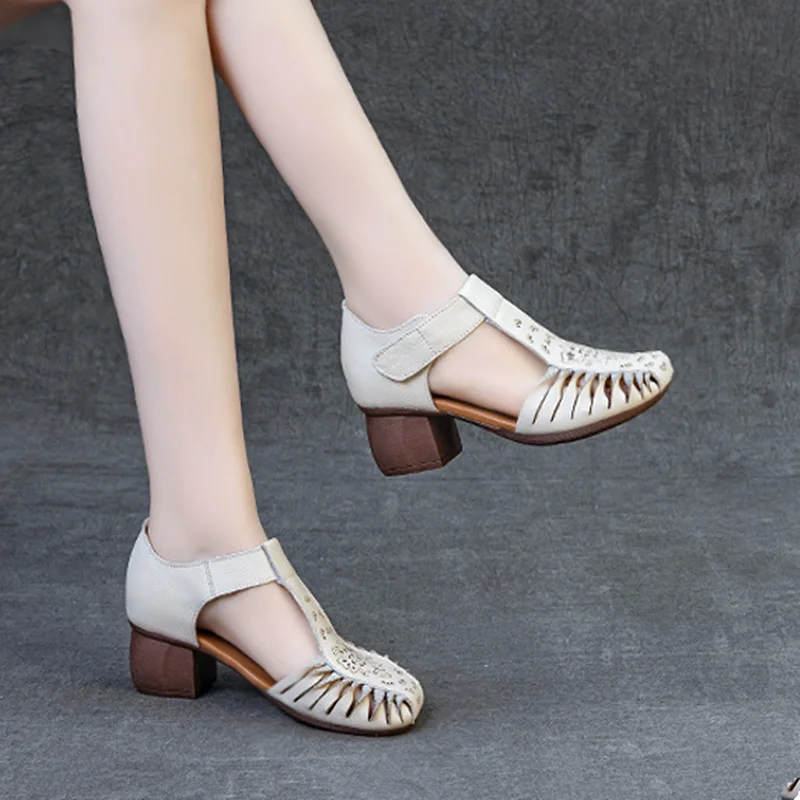 Roman Style Women's Sandals Breathable Hollow out Design Soft Bottom Thick Heel Comfortable Mom Shoes Retro Style Leather
