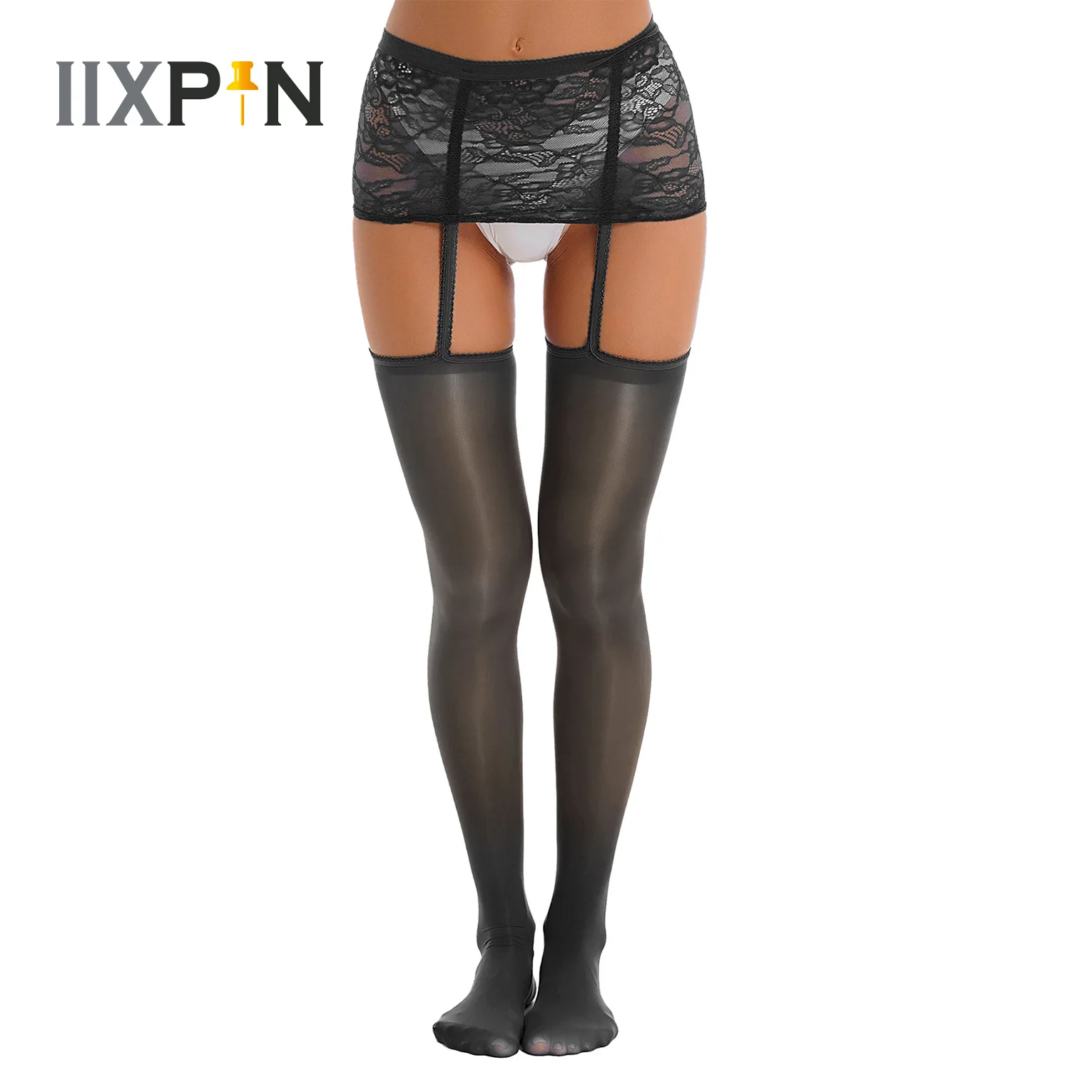 

Women Sexy Lingerie Stockings with Garter Belt Semi See Through Lace Mini Skirt Fishnet Stocking Thigh Sheer Tights Pantyhose