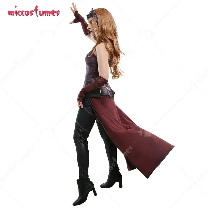 معطف CyWanda Maximoff Scarlet Witch بدون أكمام زي تنكري مستوحى من WandaVision مع تنورة خارجية وقفازات طويلة