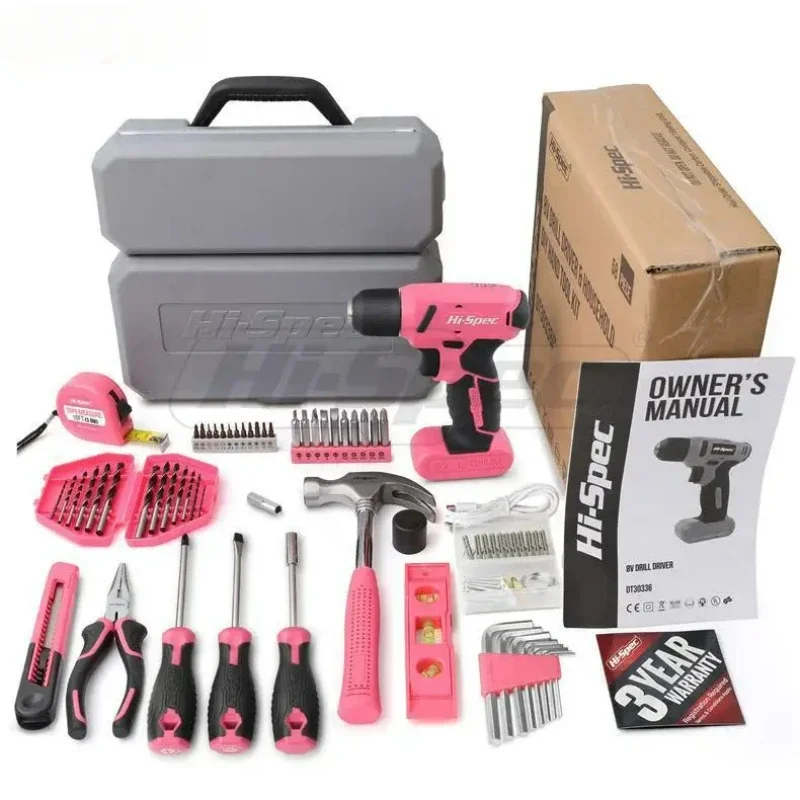 

58pcs Pink Toolbox Electric Multifunctional Household Rechargeable Screwdriver Cover Electric Drill 8V Home Repair DIY Tool Set