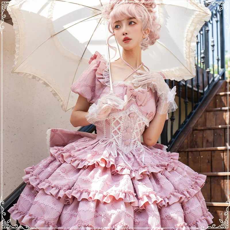 

French Romantic Style Lolita Op Elegant Girl Cosplay Princess Puff Sleeve Ribbon Bowknot Flower Tunic Mesh Fantastic Fairy Dress