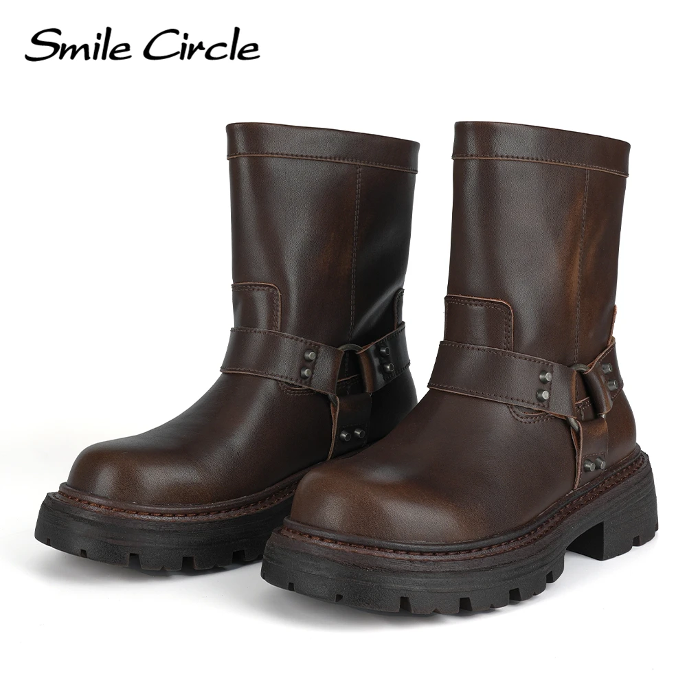 Smile Circle Women\'s Boots Genuine Leather Retro Chunky Boots