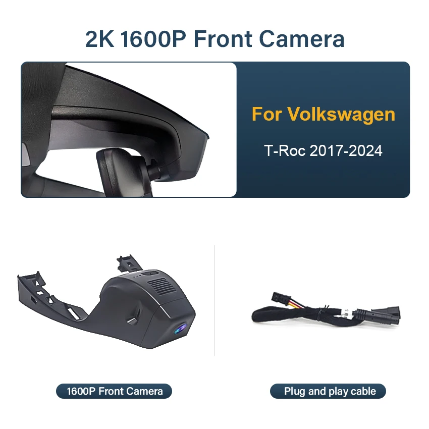 Voor VW Volkswagen T-Roc T Roc Troc 2017-2024, Plug en Play 4K Dashcam Wifi Dash Camera Dash Cam voor Auto Voertuig Video Recorder