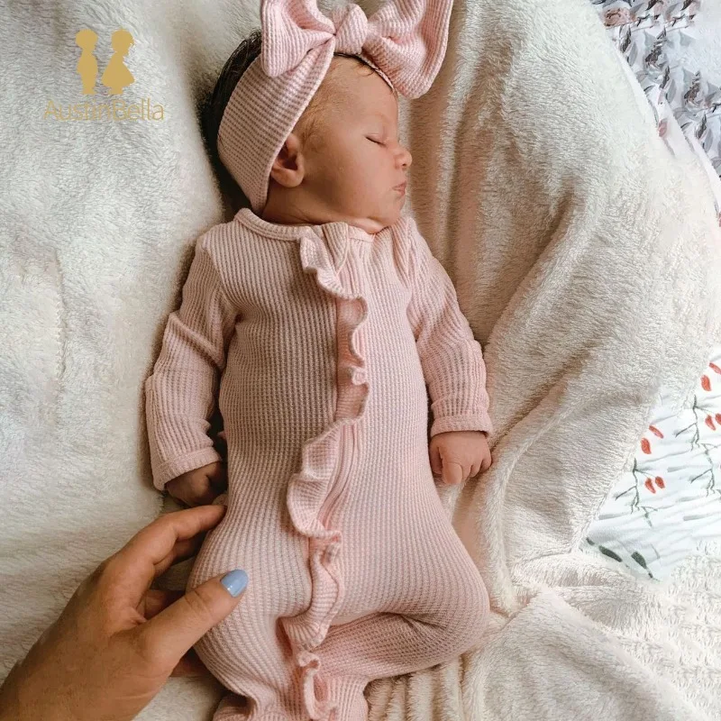 

Infant Baby Girl Footies Rompers Solid Color Frills Crew Neck Long Sleeve Baby Jumpsuits Newborn Clothes Bodysuits with Headband