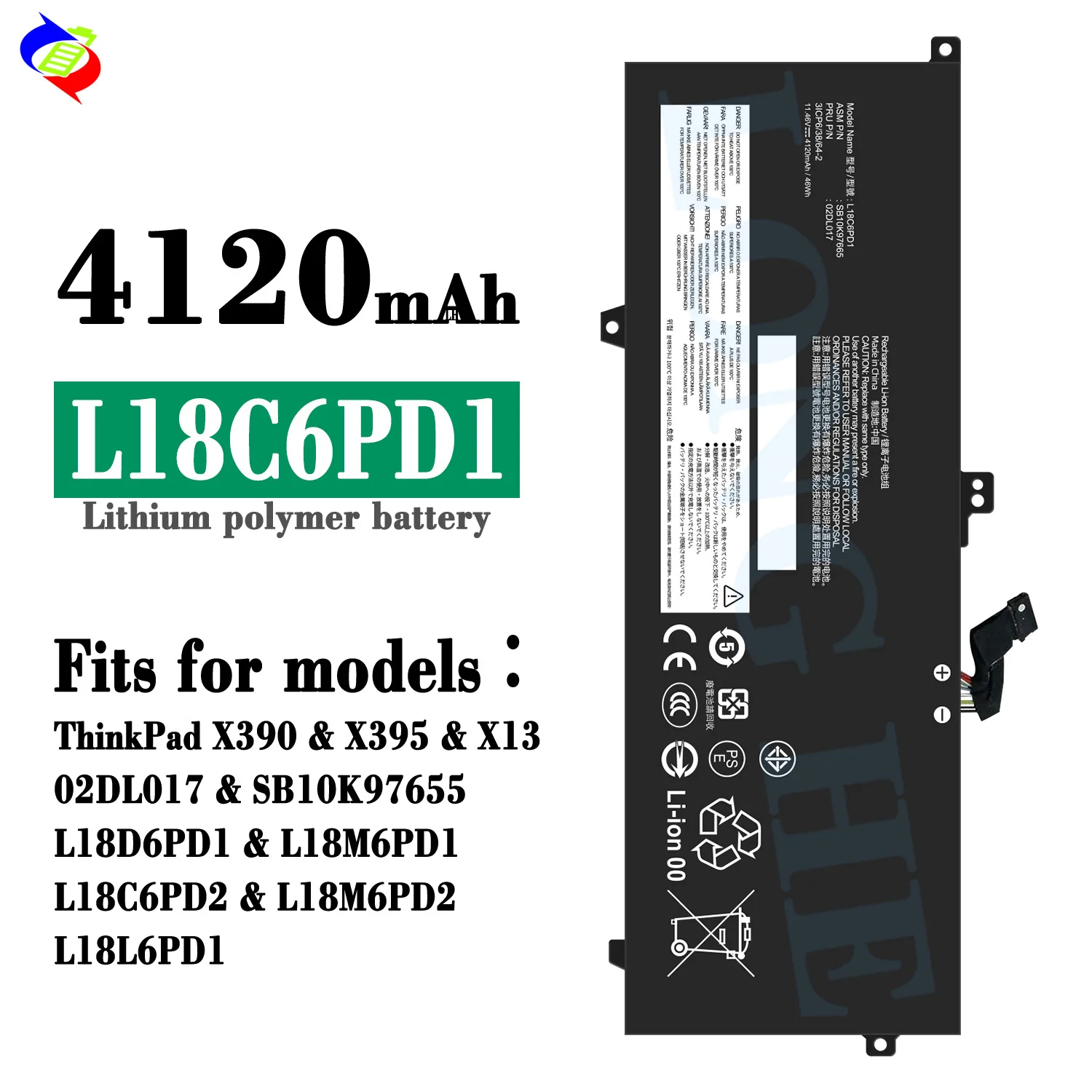 L18M6PD1 L18C6PD1 Replacement Battery for Lenovo ThinkPad X13 Gen 1 X390 X390-20Q1 L18M6PD2 L18D6PD1 02DL017 02DL020 SB10K97658
