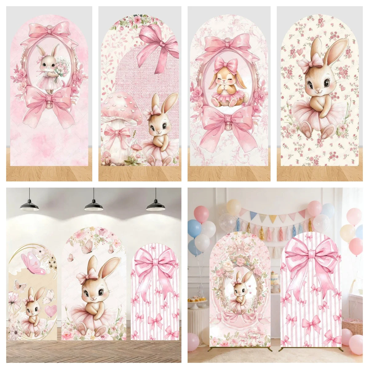 Kleiner Hase Rosa Blumen Schleife Baby Mädchen Geburtstag Party Bogen Hintergrund Abdeckung Häschen Babyparty Gewölbter Foto-Hintergrund Deko Requisiten