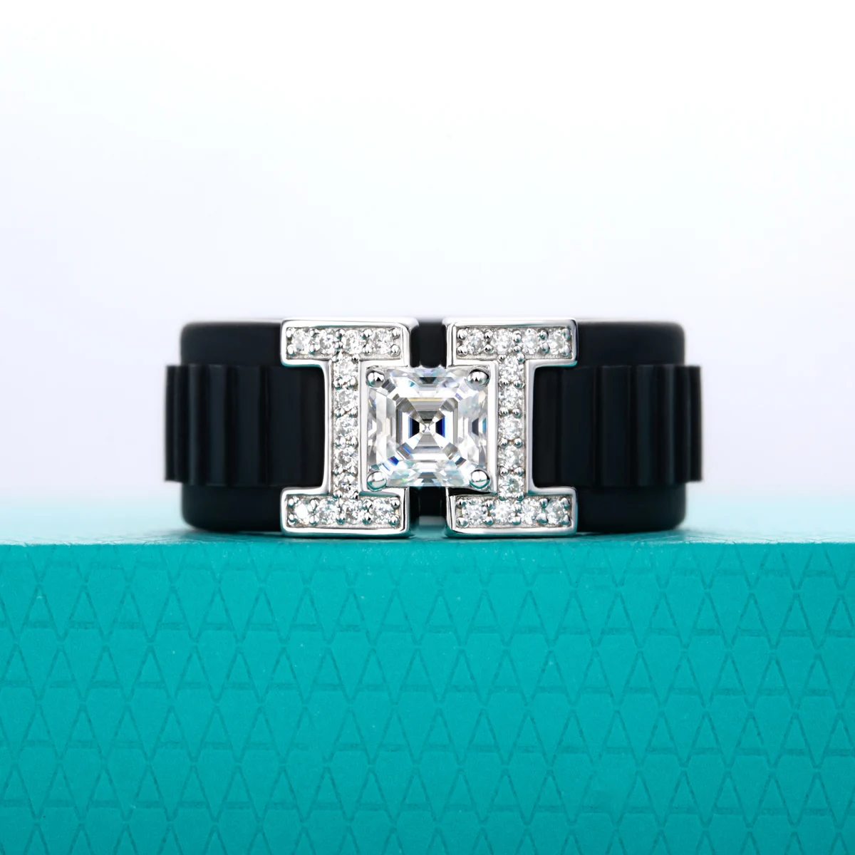AnuJewel 5.5x5.5mm Asscher Moissanite Inlaid Silicone Ring 925 Sterling Silver Rubber Comfort Fit Wedding Ring for Women Men