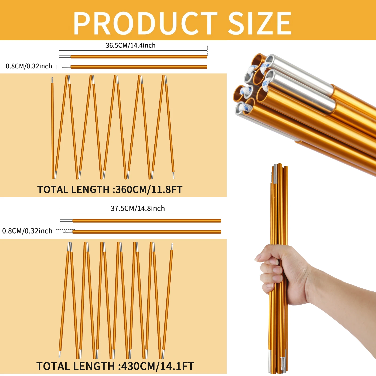 1pc/2pc Aluminum Alloy Tent Pole 4.3M/3.6M Camping Support Poles Replacement Accessories for Hiking Awning Shelter Frames Rods view 5