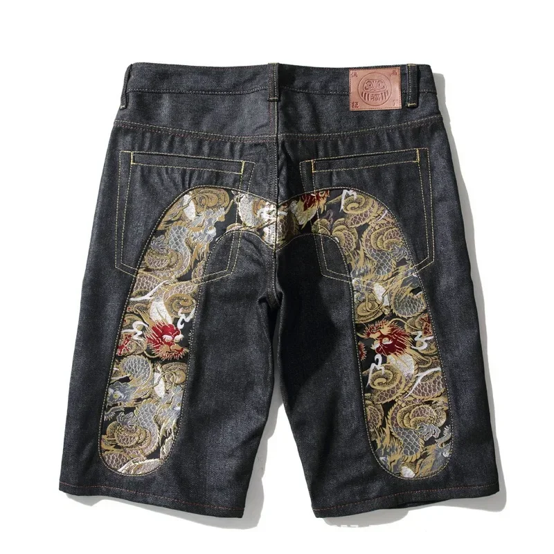 Shorts jeans bordados para homens, jeans hip hop, calça preta, flor de cerejeira, totem dragão, zíper lavado, algodão, verão, 024