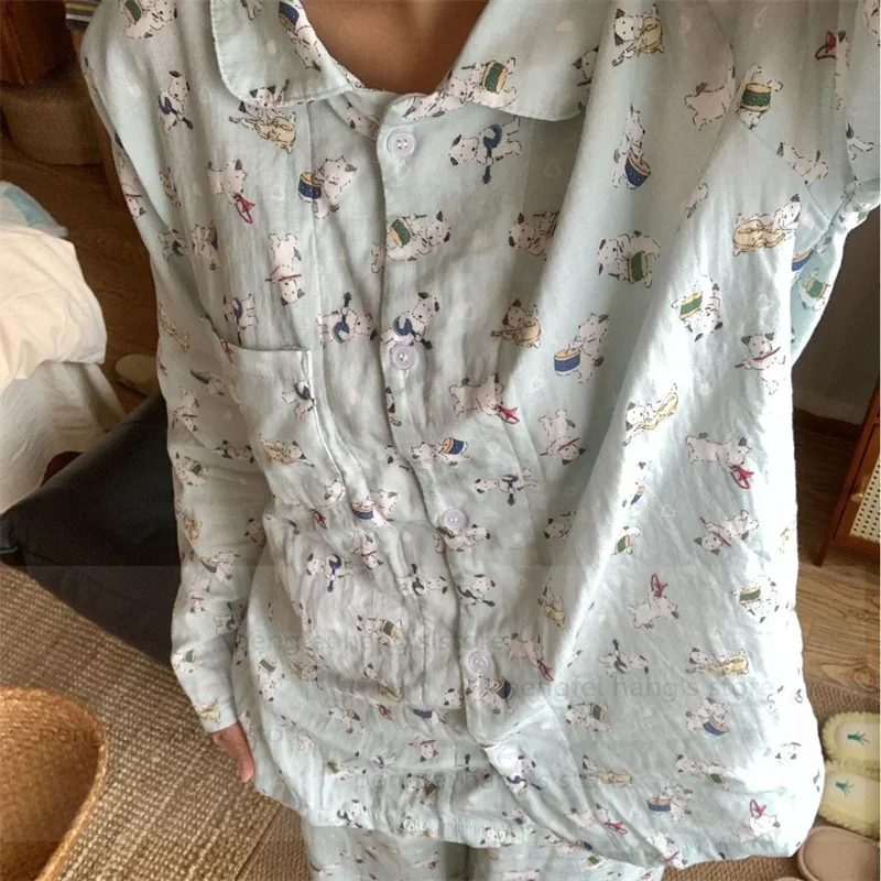 

100% Cotton Pajamas Set Yarn Top Pants Funny Music Puppy Print Sleepwear Women Breathable Homewear Autumn New Pjs Loungewear
