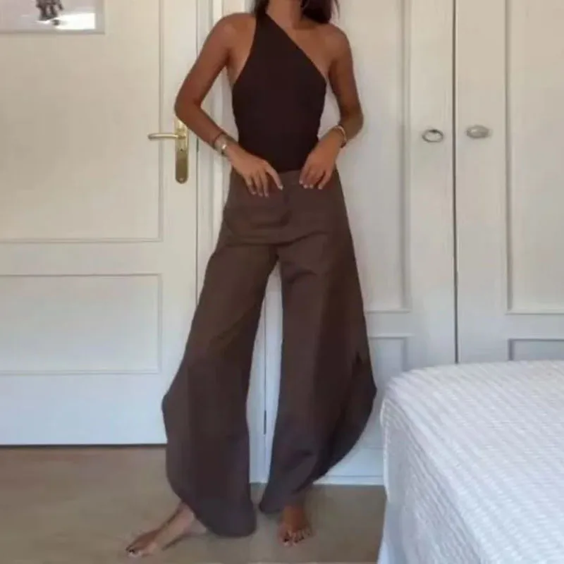 Women Fashion Streetwear Solid Color 2Pc Suits Elegant Hollow Out Sleeveless Sets Sexy Slant Shoulder Tops & Long Pant Outfits