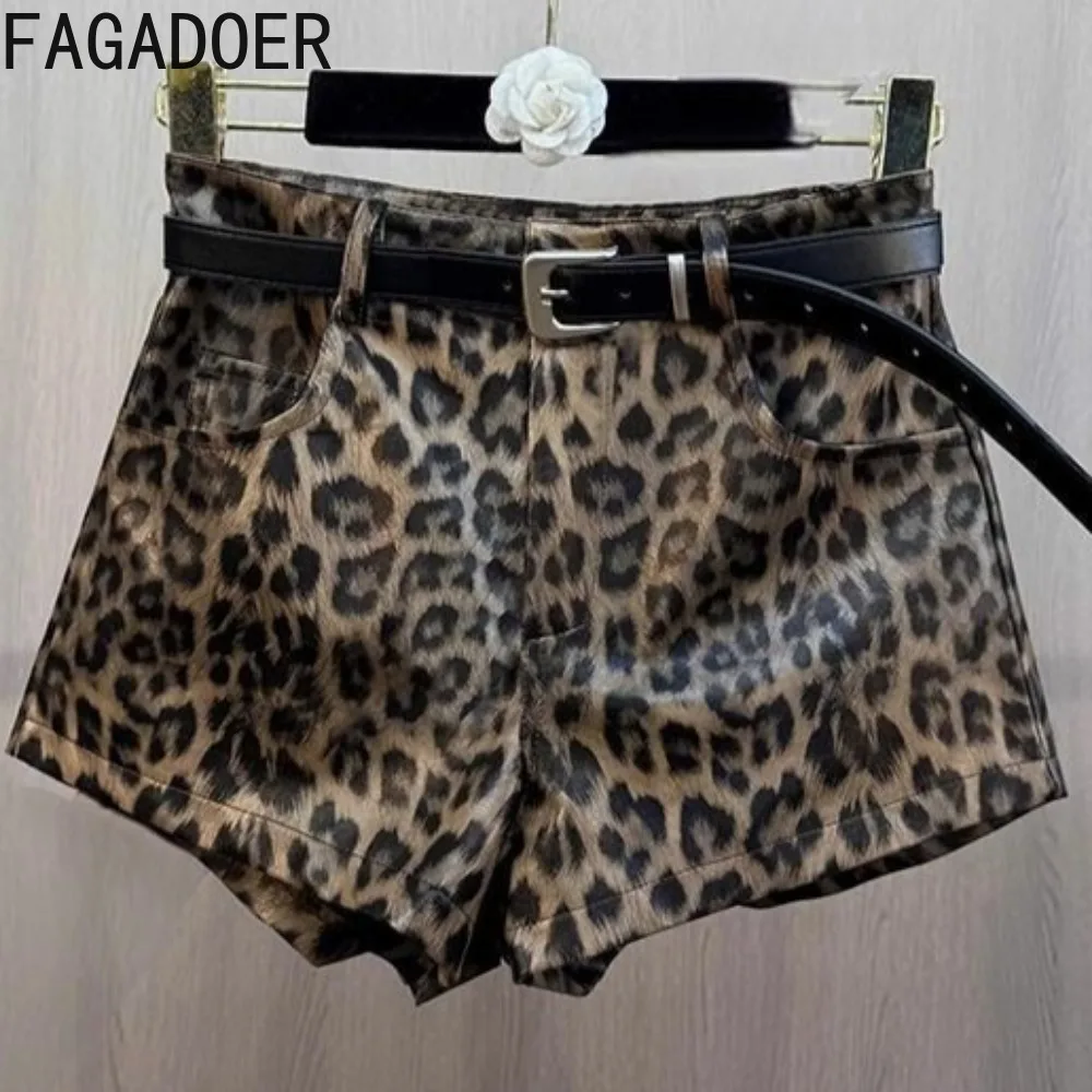 FAGADOER Sexy Leopard Print Leather Shorts Women Brown High Waist Pocket Skinny Belt Shorts American Retro Hot Girl Streetwear