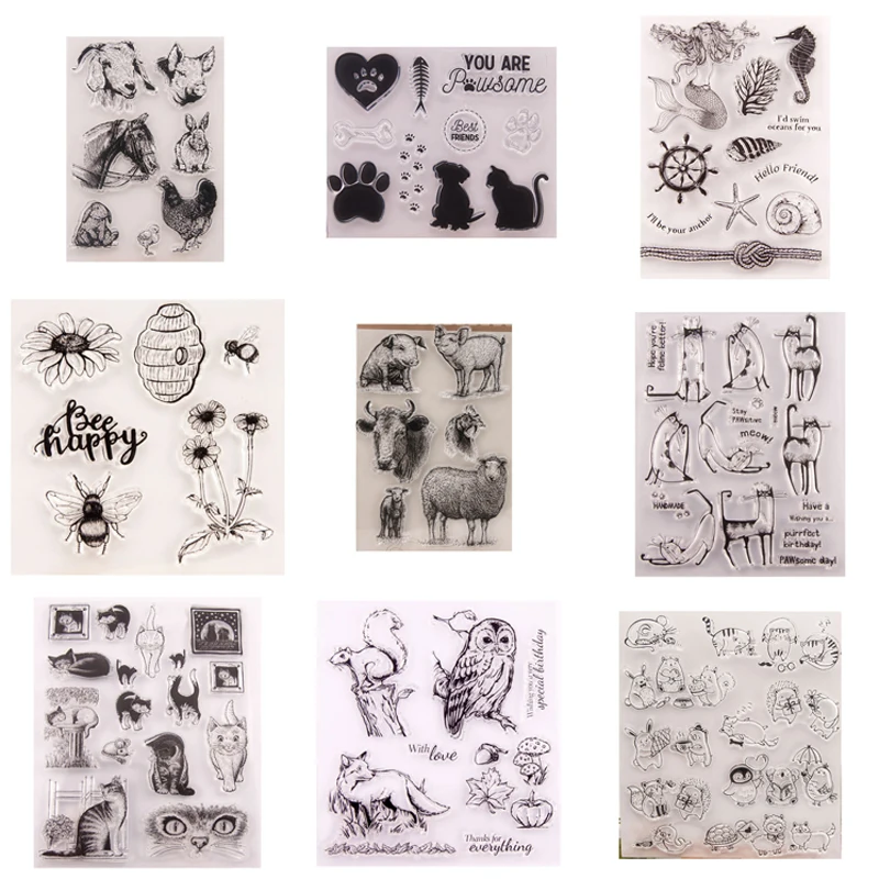 

Clear Stamps for Card Making Scrapbooking Supplies, Animal Theme Dog Cat Owl Transparent Rubber Stamp for Album Photo Decor