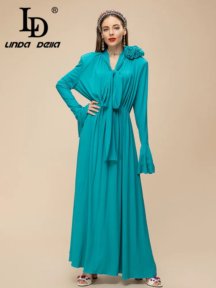 LD LINDA DELLA 2023 New Style Fashion Designer Dress Women's Blue Flare Sleeve High Waist Applique Splice Crumple Party Dress