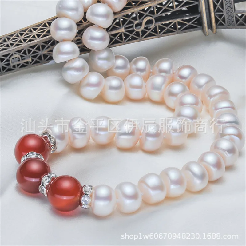 8-9Mm Freshwater White Pearl Necklace Agate Chalcedony Set Earrings