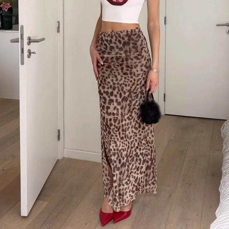 High Waisted Leopard Print Long Skirt Hottie Streetwear Hip Wrap Retro Style Sweet And Spicy Casual All-Match Summer