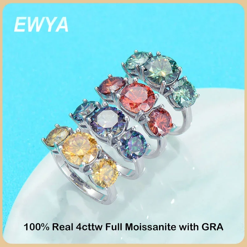 

EWYA Real 4cttw D Color 3-Stone Colored Full Moissanite Ring For Women S925 Sterling Silver Red Diamond Rings Wedding Band Gift