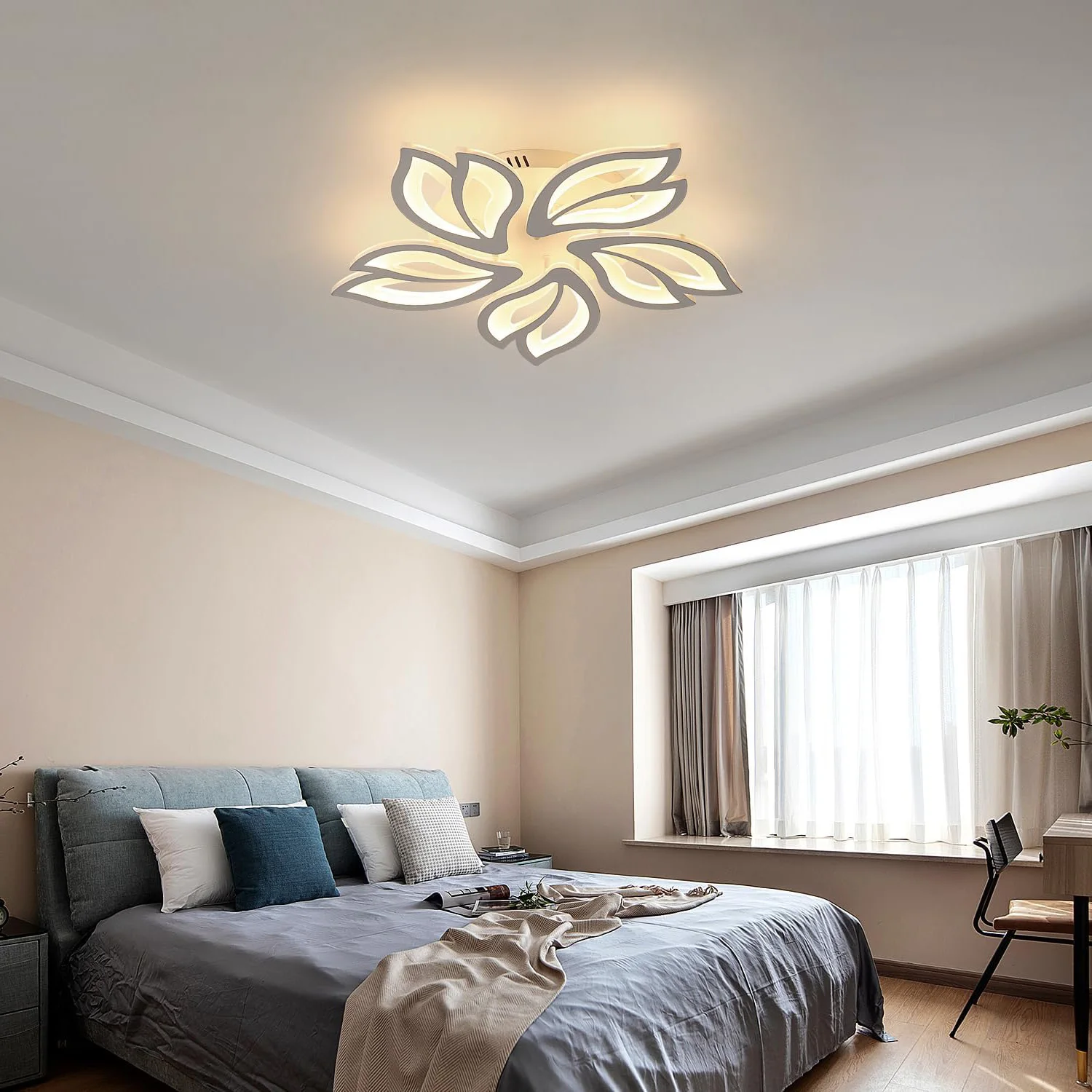 LED-Deckenleuchte, 45W Moderne LED-Deckenlampe Dimmbar mit Fernbedienung, Weiße 5-Blüten-Acryl-Deckenleuchte für Wohnzimmer – Detail 3