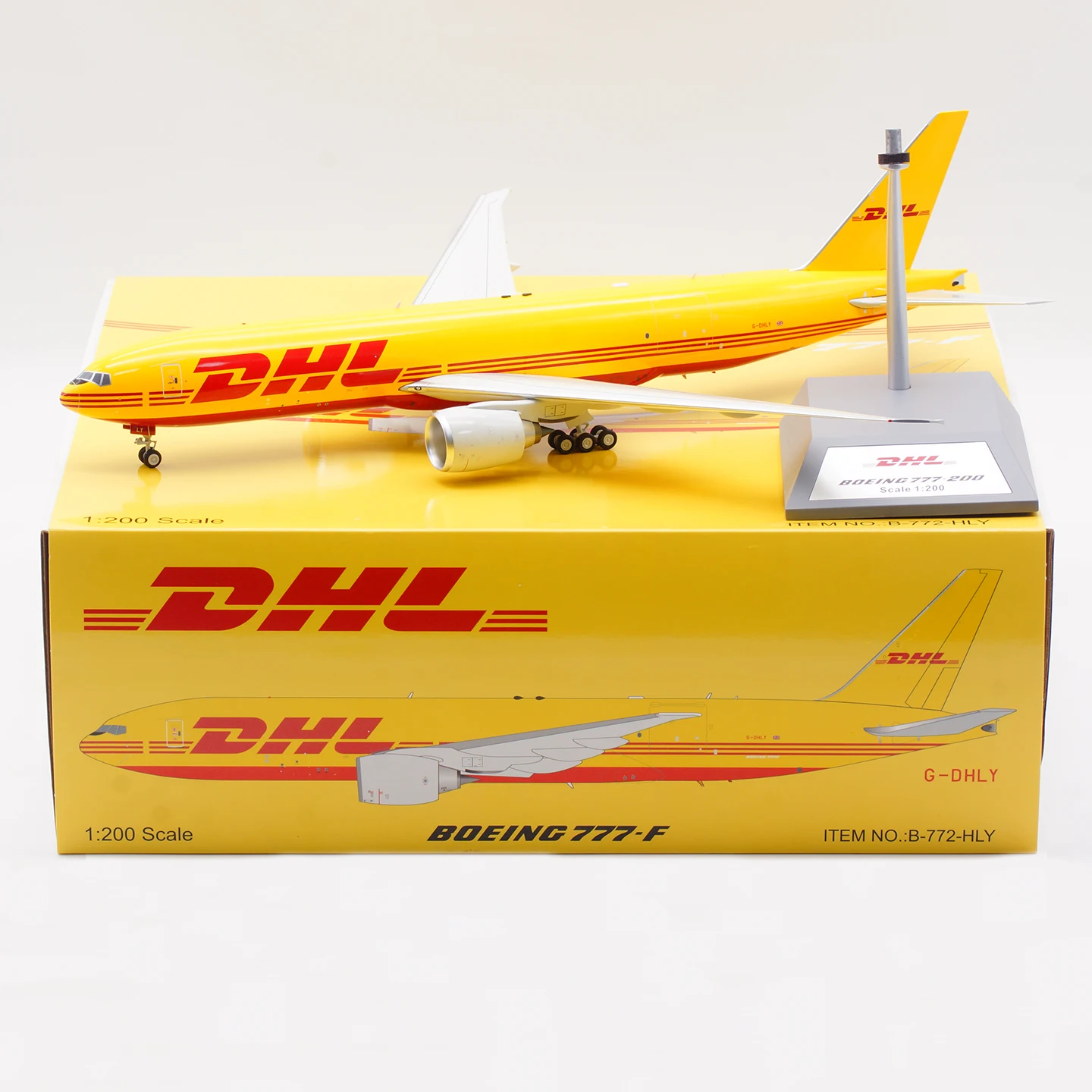 

B-772-HLY Коллекционный самолет из сплава, подарочные модели B, 1:200 DHL (AeroLogic) Boeing B777-F, литая под давлением модель самолета G-DHLY с подставкой