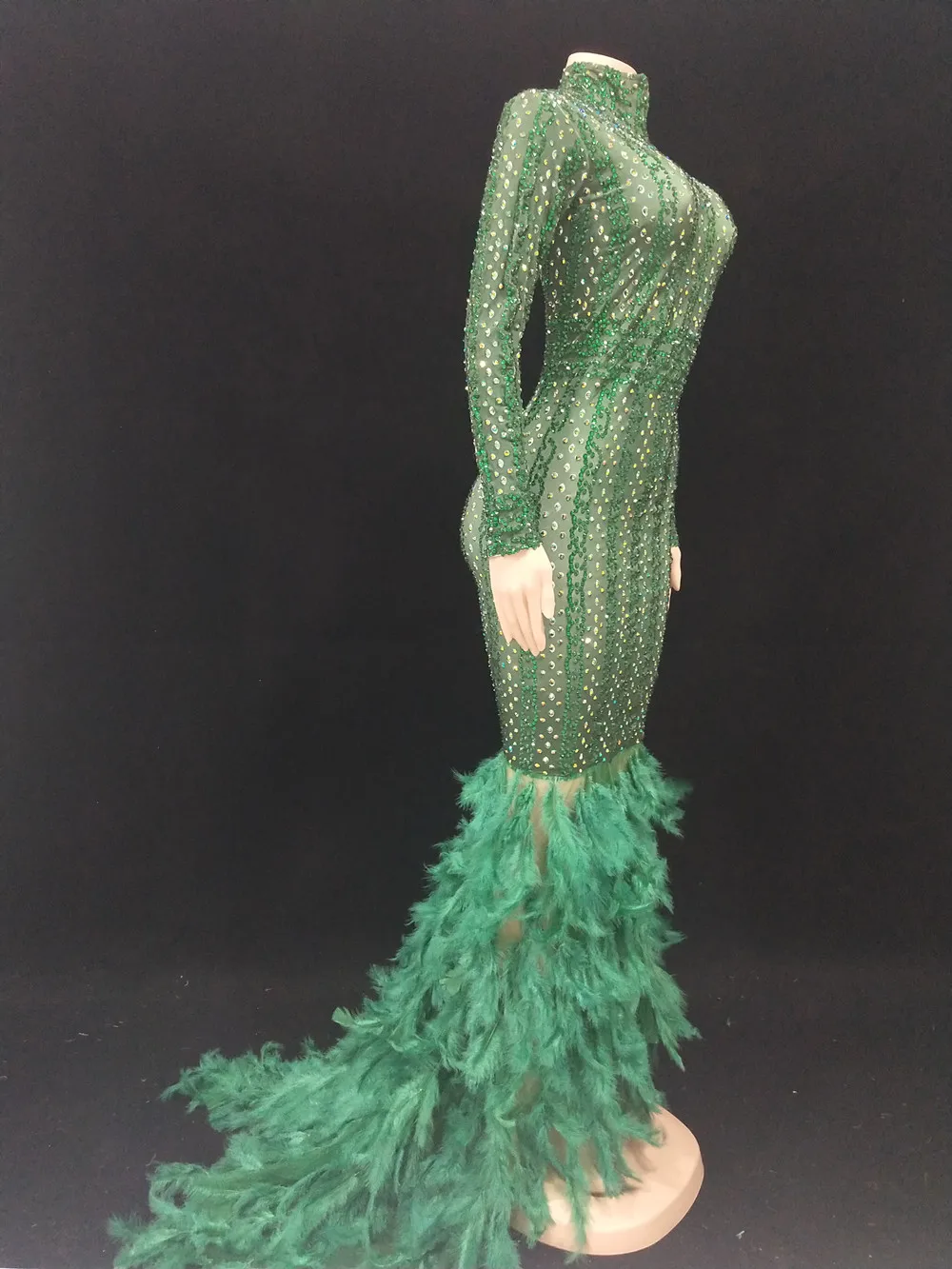 Vestido largo elegante con plumas y diamantes de imitación verdes para mujer, traje de baile hasta el suelo para cantante, concierto, escenario, pasarela, Navidad