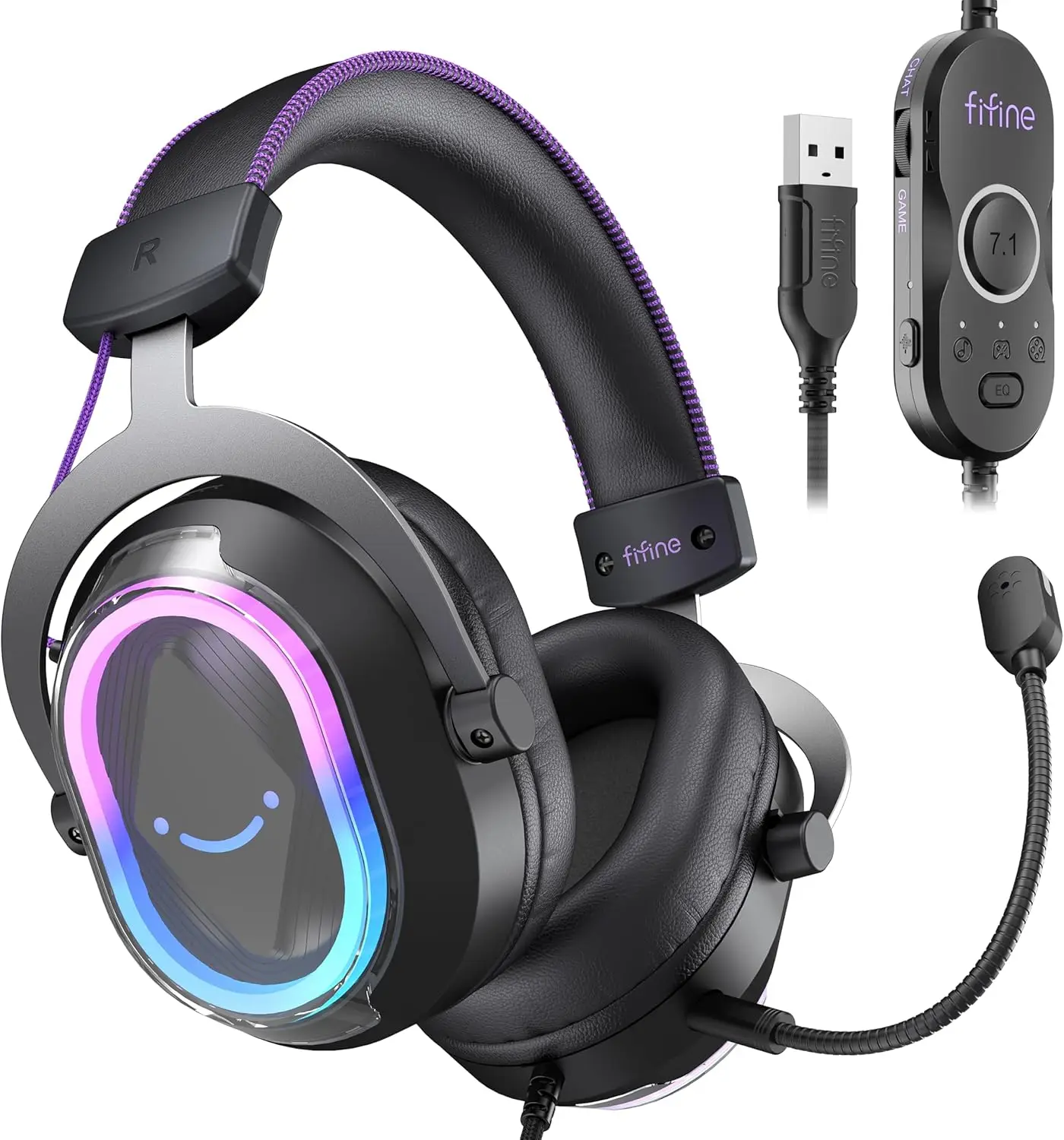 

USB Gaming Headset with 7.1 Surround Sound, RGB Lights, Noise-Canceling Mic for PC, PS5/PS4, Laptop