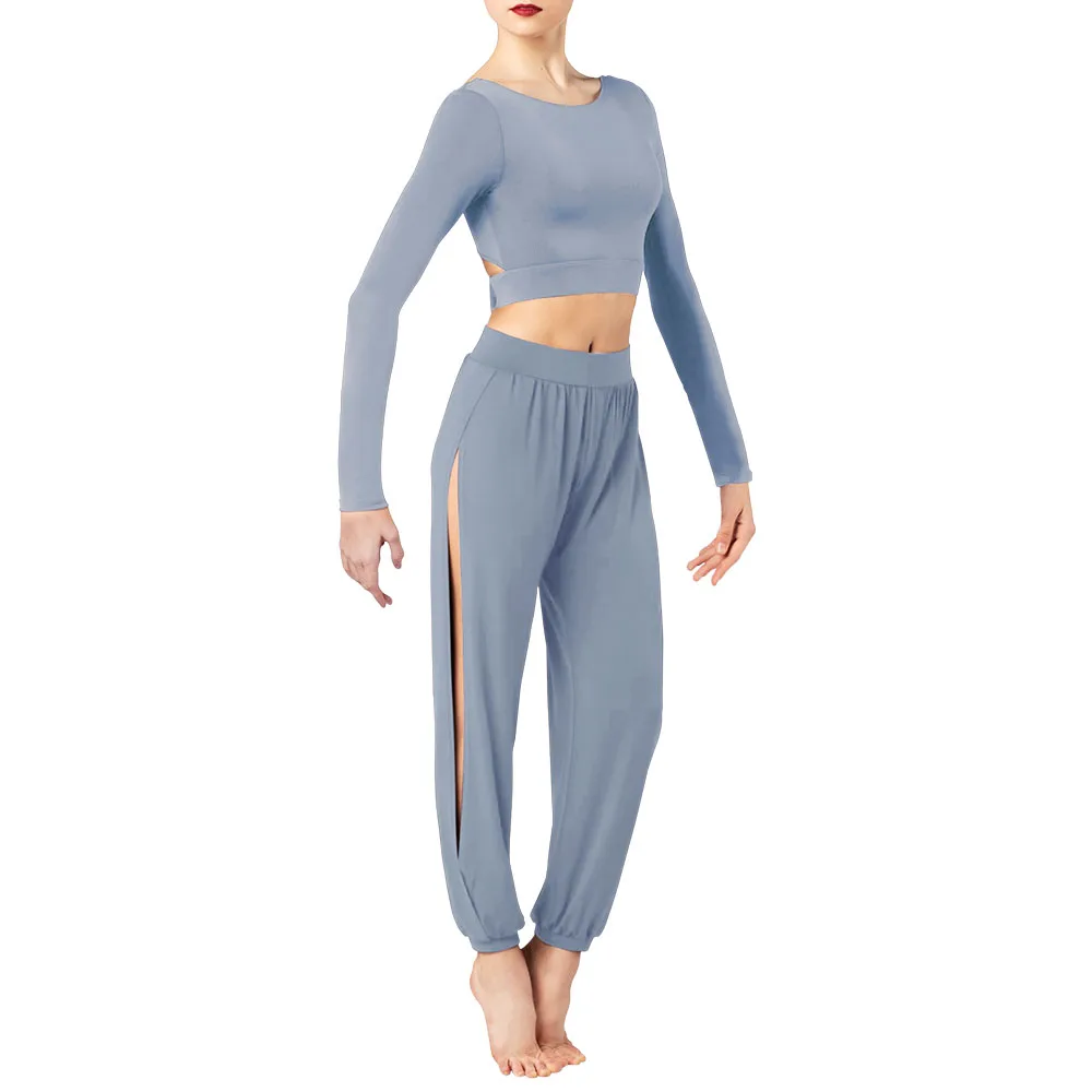 MiDee Lyrical Dance Suit for Girl Crop Top with Pant 2 Piece Contemporary Ballet Training Stage Performance Outfit for Women