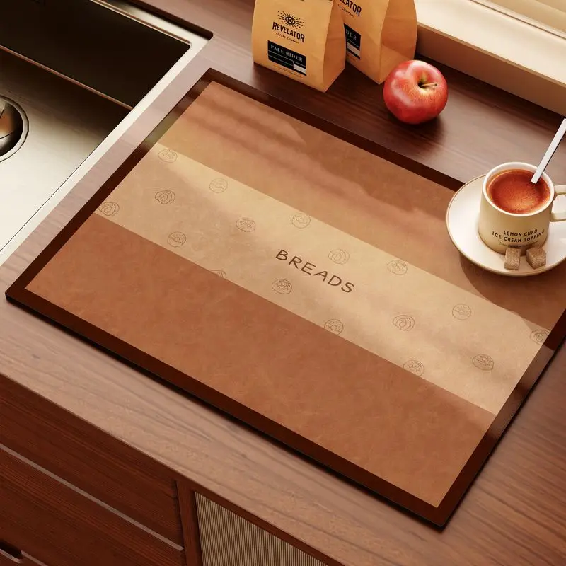 Vintage Brown Coffee Themed Printed Kitchen Drain Mat, Anti Slip Coffee Machine Tableware, Kitchen Countertop Protection Mat