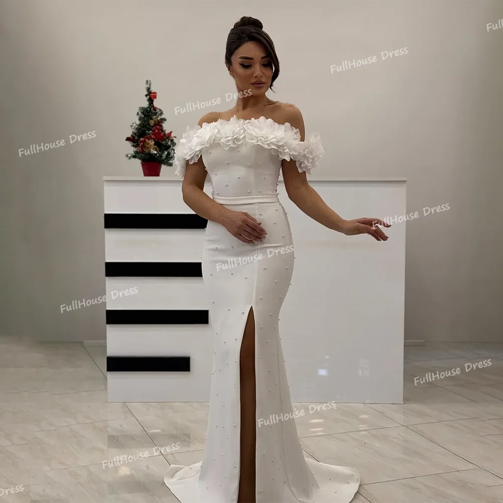

Custom Made High Quality Boat Collar Beaded Pearls Sexy Mermaid Evening Gown Backless Side Slit Prom Dress with Handmade Flowers