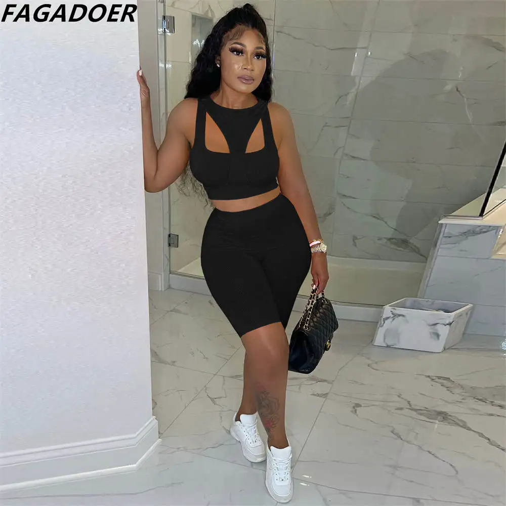 FAGADOER Casual Solid Color Ribber Two Piece Sets Women Sleeveless Crop Top And Biker Shorts Tracksuits Female Sport 2pcs Outfit