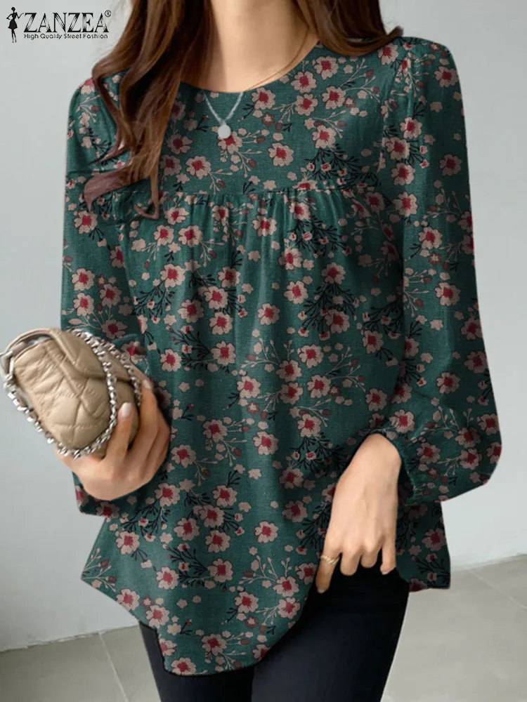 ZANZEA Woman Casual Floral Printed Blouse Puff Sleeve O-Neck Shirt Female Fashion Holiday Tops Autumn Vintage Buttons Chemise