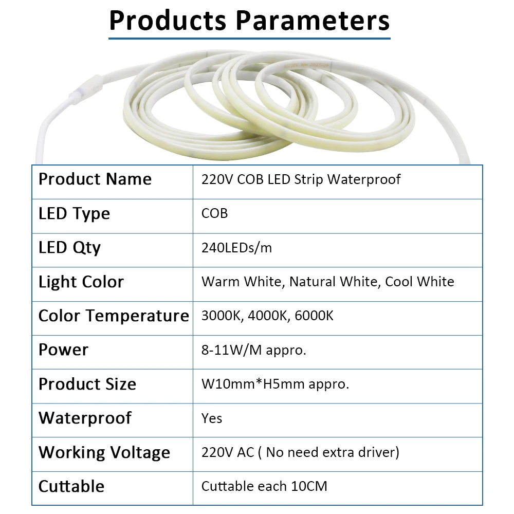 Soft Flexible 220V COB LED Strip Light 3000K 4000K 6000K IP67 Waterproof Tape Lamp Dimmable Switch Kit Outdoor Linear Lighting