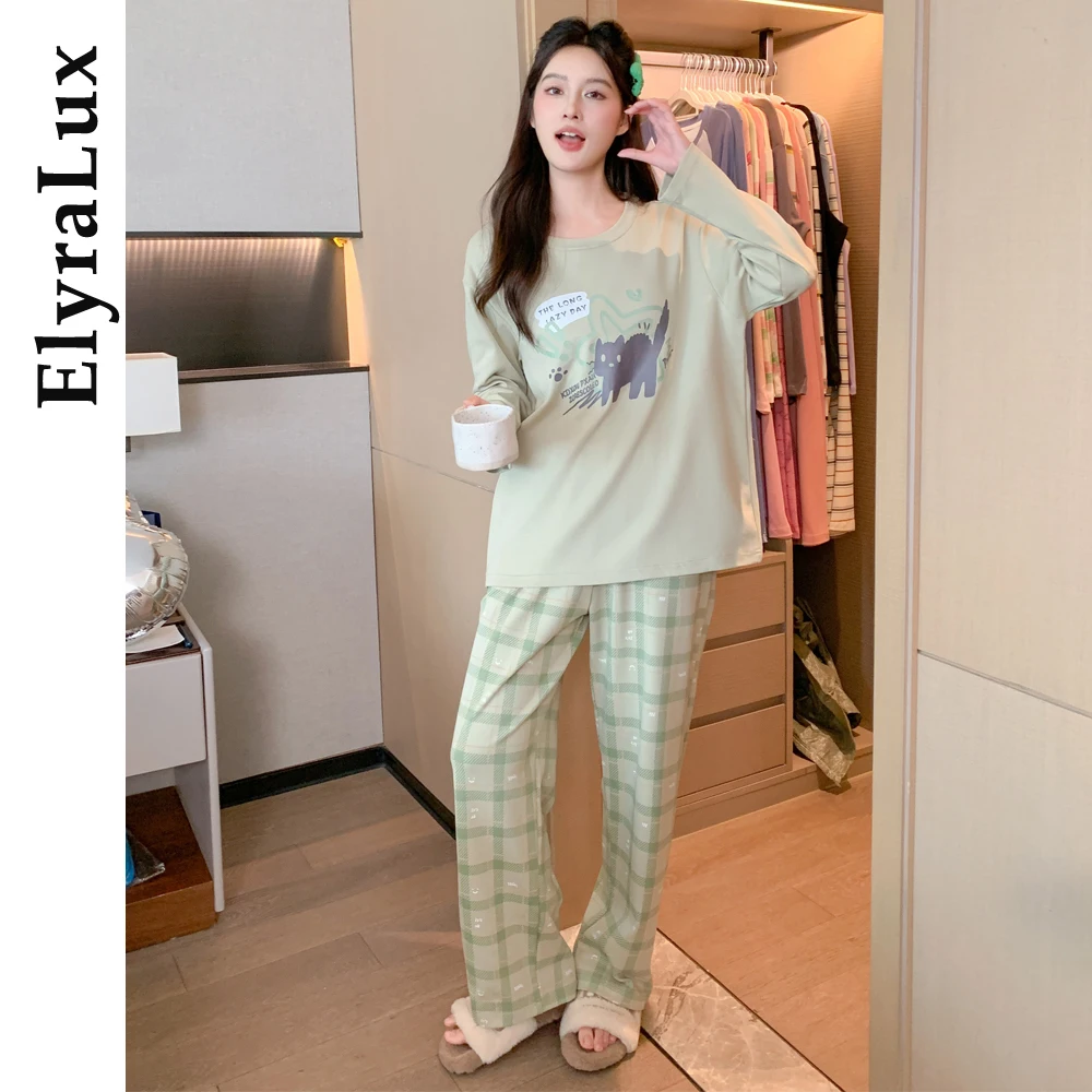 

ElyraLux осенняя женская пижама с длинными рукавами, одежда для сна с нагрудником, верхняя одежда, брюки, комплекты из двух предметов, хлопковая домашняя одежда, костюм, бесплатная доставка