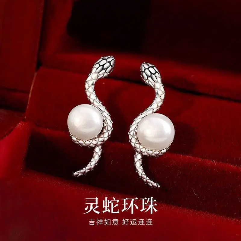 

High-polished mirror, new spirit snake earrings 925 sterling silver, national style pearl earrings