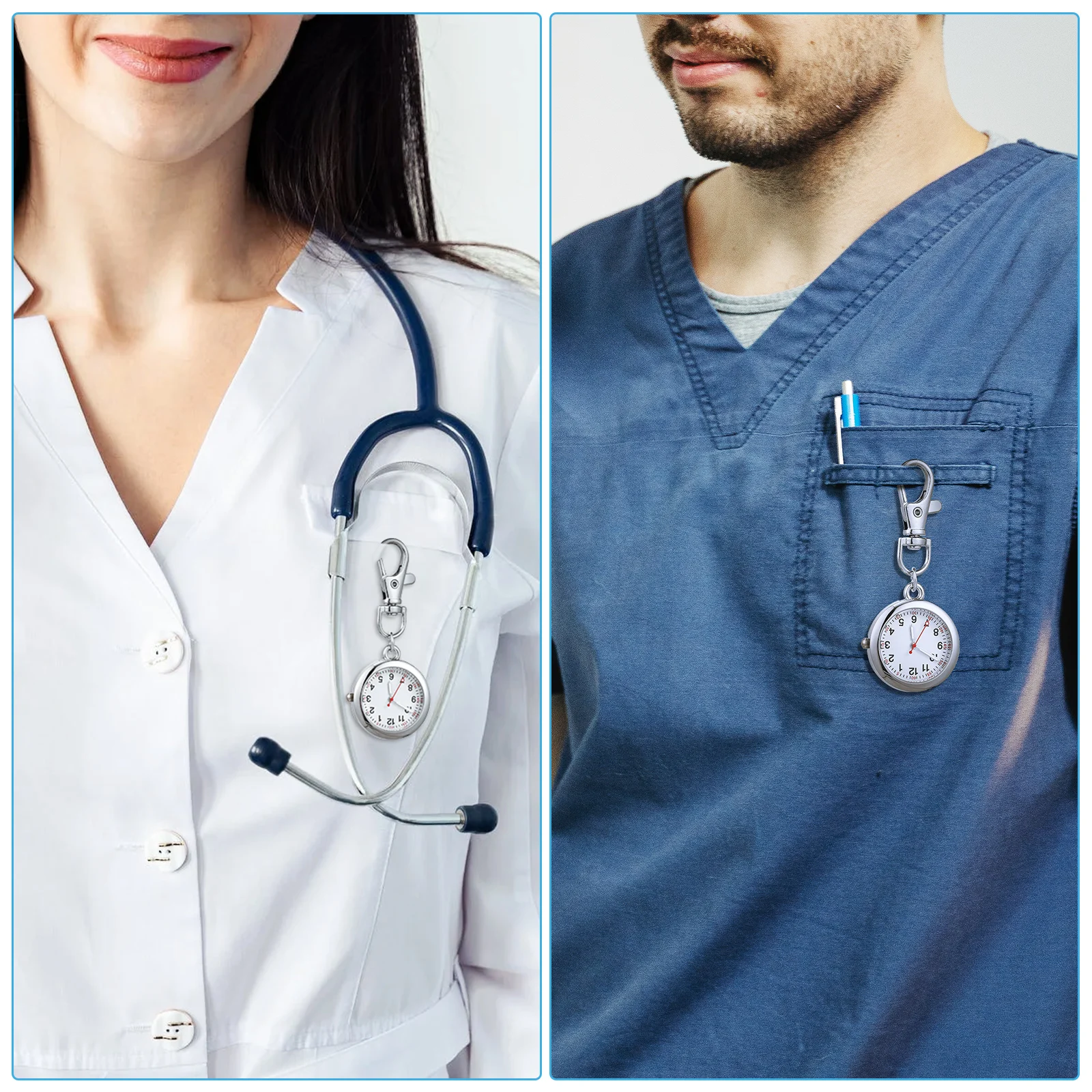 

2 pcs Nurse Watches Clip-on Stainless Steel Glass Mirror Portable Pocket Watch Keychain Buckle Glow Dark Precise Timekeeping