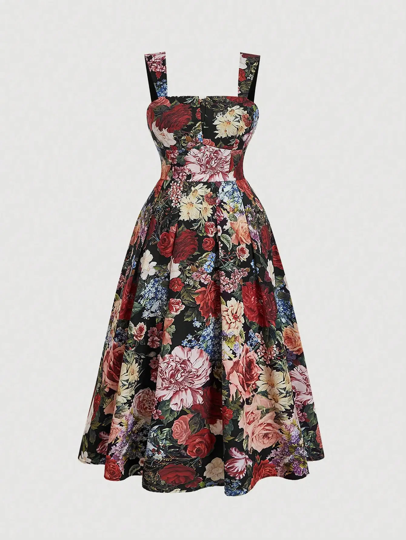 

Элегантное летнее платье А-силуэта с цветочным принтом и драпировкой на бретелях