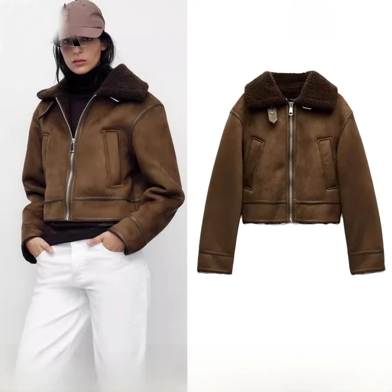 Autumn Winter New Women's Lamb Velvet Suede Marbled Fur Collar Jaet Coat Street Sle Straight Cut Regular Length Outerwear