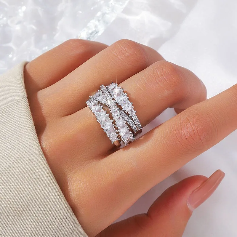 Multi Layer Cross Twisted Ring Copper Inlaid Shiny Cubic Zirconia Luxury Stackable Finger Band Daily Party Jewelry Gift