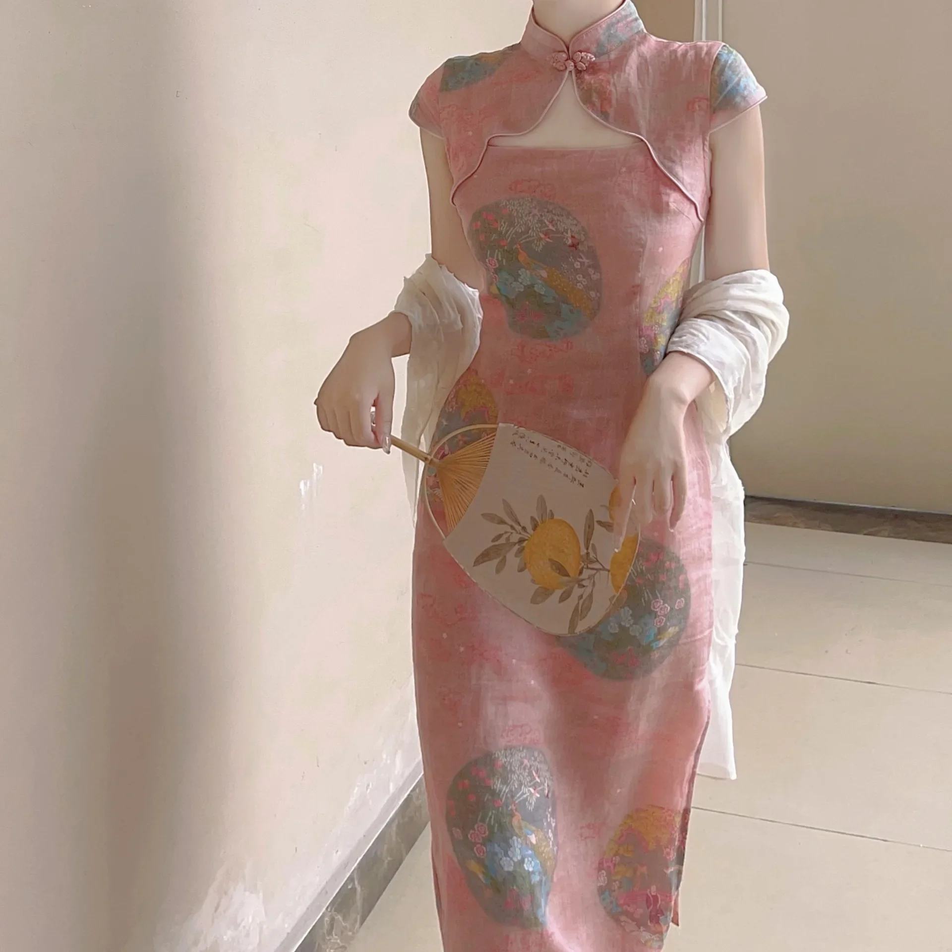 

Cheongsam Qipao Chinese Style Dress Classical Pink Sexy Hollow Summer Improved Elegant Retro Modern Evening Women Dress 2021