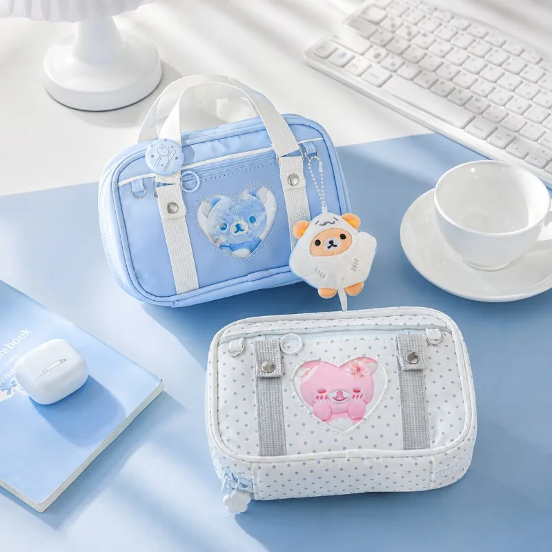Kawaii Bear JK Heart Window Mini Ita Bag Portable Cosmetic Pouch Japanese Style Pencil Case for School Stationery Travel Storage