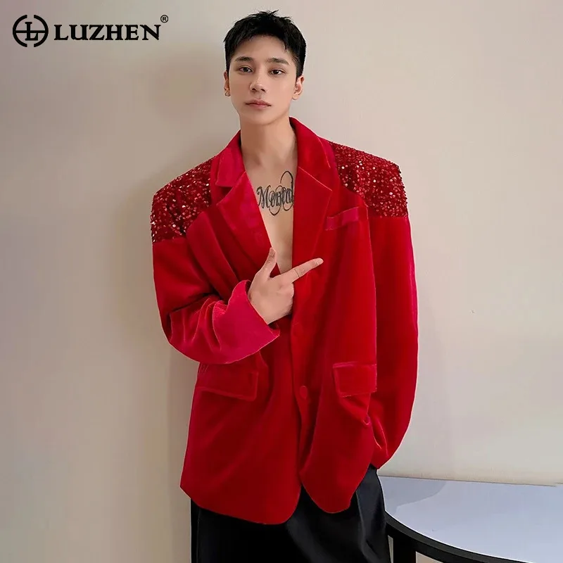 LUZHEN Suit Jacket Light Luxury Velvet Sequin Splicing Elegant Banquet Prom Party Stylish Clothes Autumn Men\'s Blazer LZ6265