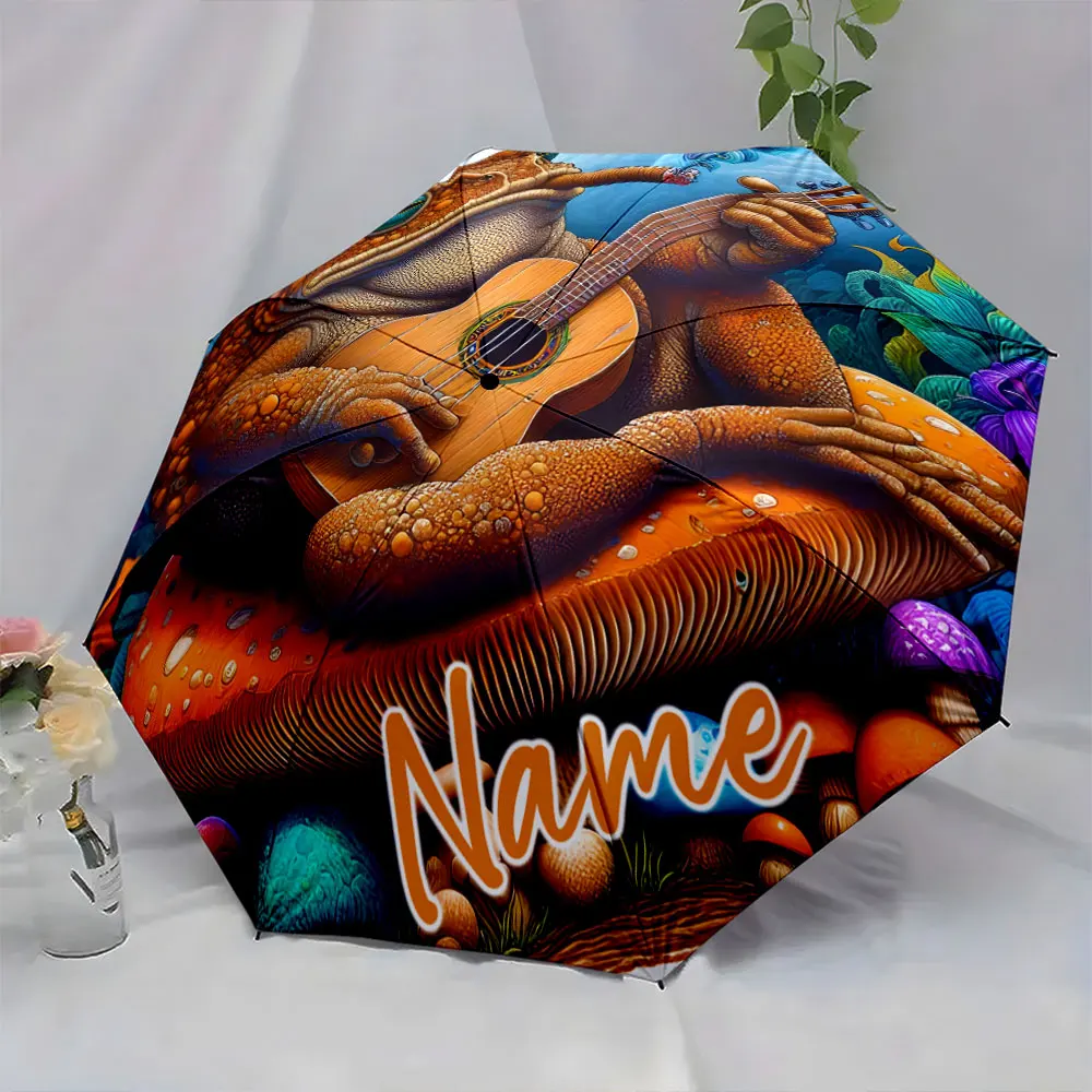 Custom Name Retro Frog Playing Guitar Umbrella Design Print 8 Iron Ribs Folding Umbrella, Auto-Open Fashion Sunshade