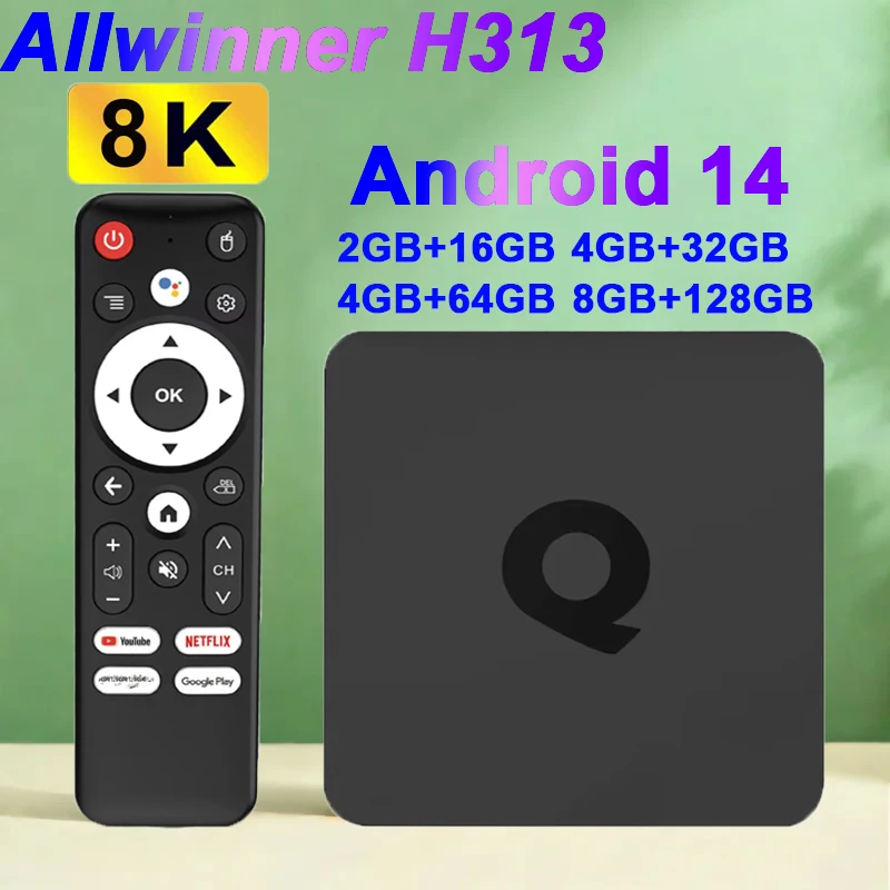

Q1 Android14 Smart TV Box AllwinnerH313 2,4 и 5G Dual Wi-Fi Voice Remote 4K 8K Video HDR10+ Netflix Google Media Player Set Top Box